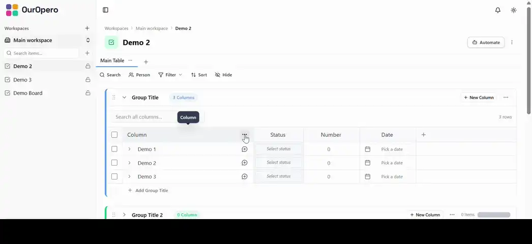 A column header turned into an input with its menu open on Rename.