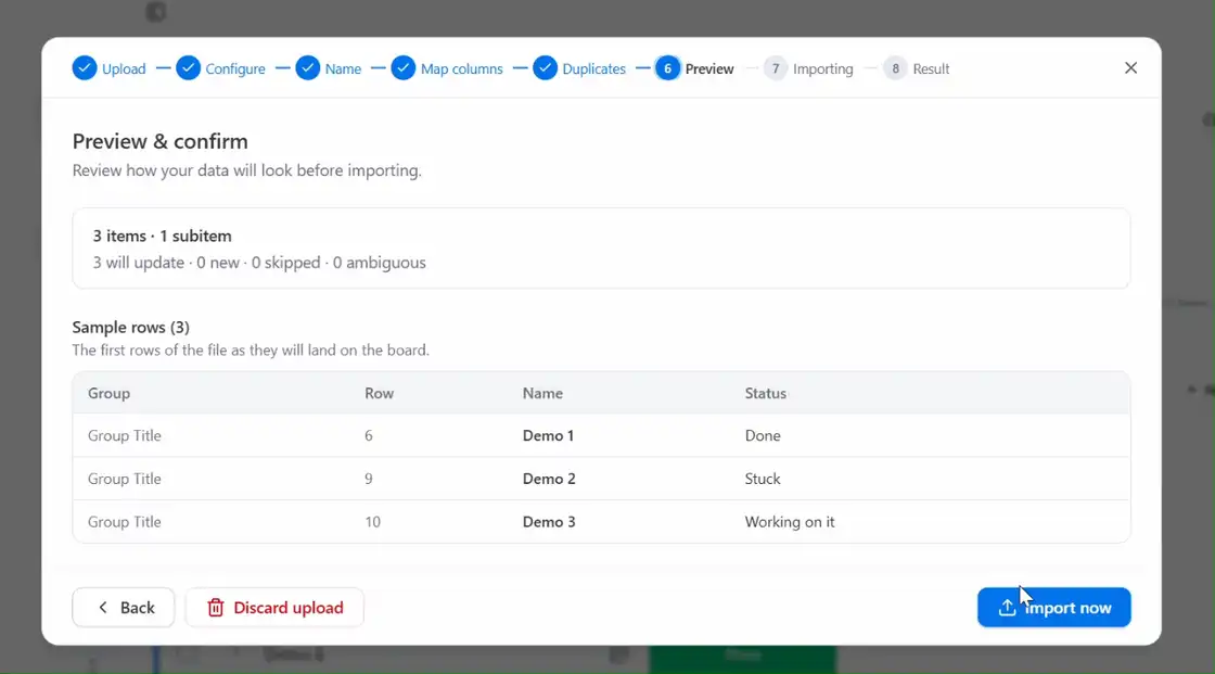 The import running: a read-only notice, a progress bar with counts, and the preview totals beside it.