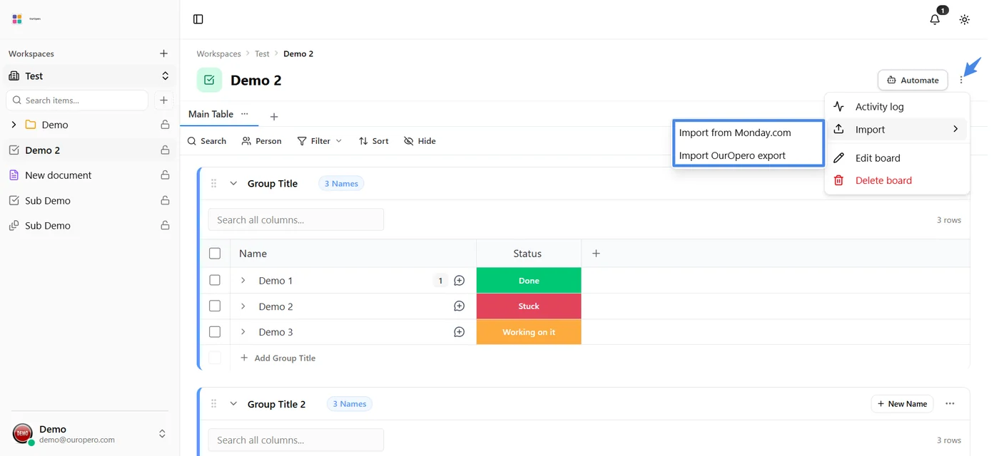 A board's More options menu open on Import, with the submenu offering Import from Monday.com and Import OurOpero export.