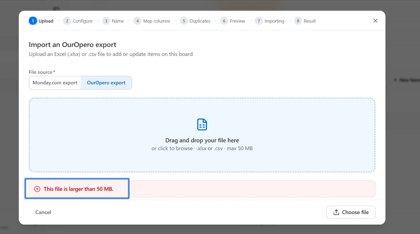 The import wizard on its Upload step, refusing a file with the message This file is larger than 50 MB.